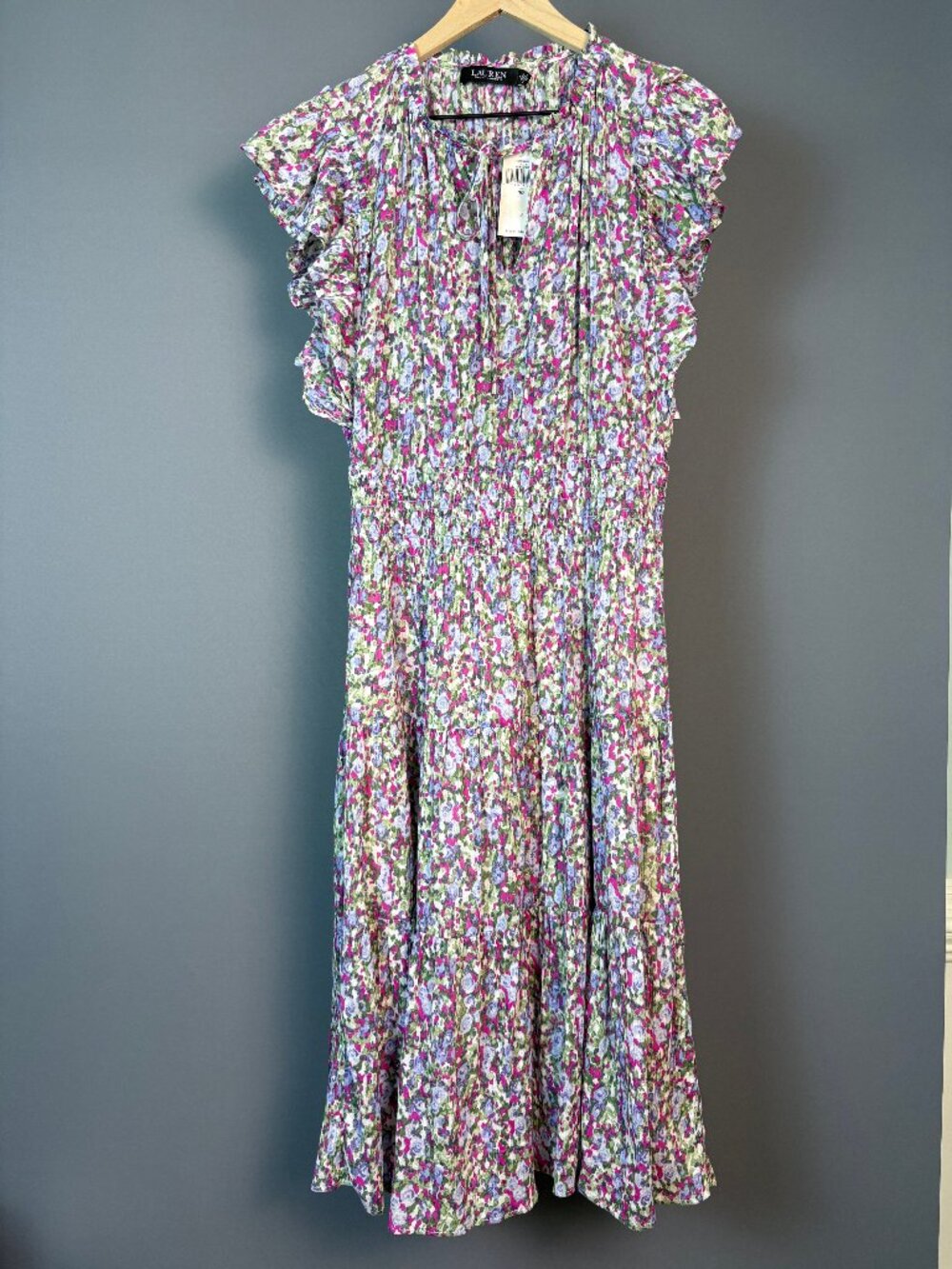 NWT Lauren Ralph Lauren Floral Crinkled Cotton Midi Dress Size 10 $165